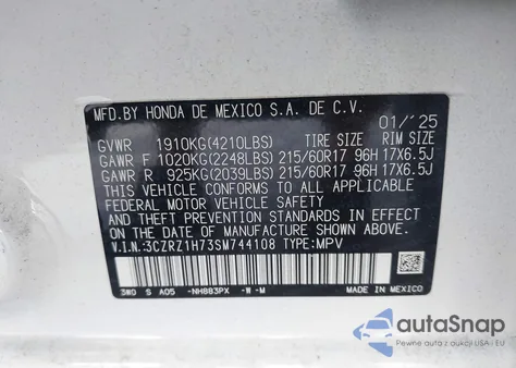 2025 Honda Hr-V 2Wd Ex-L z USA, uszkodzony, nr VIN 3CZRZ1H73SM744108